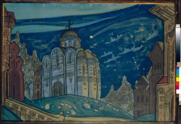 Du kan Dekor för operan "Prins Igor" av Alexander Borodin (Borodin) (1833-1887). Verk av Nicolas (Nicholas) Roerich (1874-1947), gouache och tempera på papper