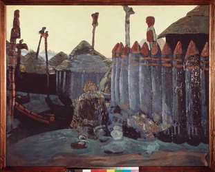 En hednisk hög. (Medeltiden, Ukraina). Verk av Nicolas (Nicholas) Roerich (1874-1947), tempera på kartong