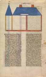 Förhöjning av Salomos tempel, ett av sex illustrerade blad från Postilla..., ca. 1360-1380.