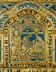 Isak föds till Abraham och Sara (champsleve-teknik, emalj på förgylld koppar)
