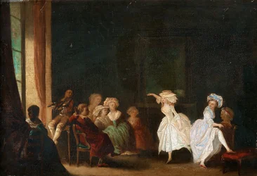 Dansskola av Niklas Lafrensen, känd som Nicolas Lavreince eller Lavrince (1737-1807). Olja på trä, storlek: 26,5x40, , Privat samling
