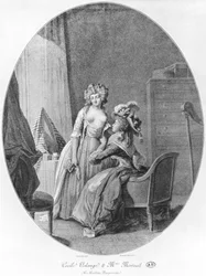 Madame de Merteuil förför Cécile Volange, illustration ur ”Farliga förbindelser” av Pierre Choderlos de Laclos (1741-1803), graverad av Romain Girard (född ca 1751), 1782