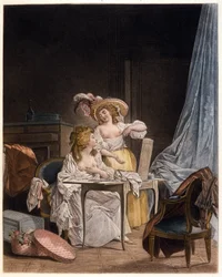 Jämförelsen. Två kvinnor jämför storleken på sina bröst. Gravyr av Nicolas Lavreince (1737-1807), omkring 1782.