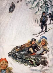 Flickor på vältad släde, Holmencollen, 1905