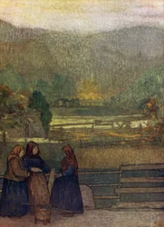 Norge: Country-kvinnor säljer bär på vägen till Storen (färg litho)