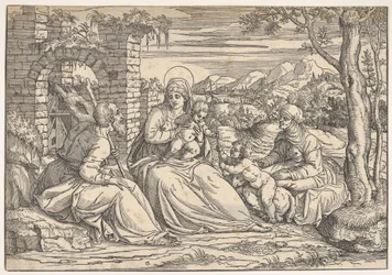 Den heliga familjen med helgonen Elizabeth och Johannes, ca. 1550.