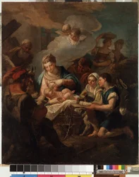 ""Tillbedjan av Kristusbarnet"" (The Adoration of the Christ Child) Målning av Nicola Grassi (1682-1748) 1700-talets Mikalojus Konstantinas Ciurlionis Museum of Fine Arts, Kaunas, Litauen
