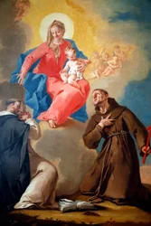 Nationalgalleriet. Vår Fru av Rosenkransen med den helige Dominikus och den helige Franciskus av Assisi. 1700-talet. Ljubljana. Slovenien.