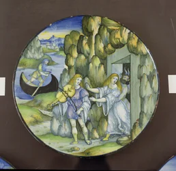 Orfeus och Eurydike vid underjordens portar, plåt i maiolica, av Nicola Pellipario från Urbino (fl.1510-42), ca 1515