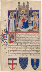 Madonna och barn på tronen mellan de heliga Petronius och Alle (Eligius); Kristus i inledande A
