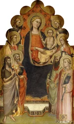 Madonnan och barnet tronade med de heliga Johannes Döparen, Petrus, Maria Magdalena, Paulus och Stefanus, en kvinnlig martyrhelgon och änglar,