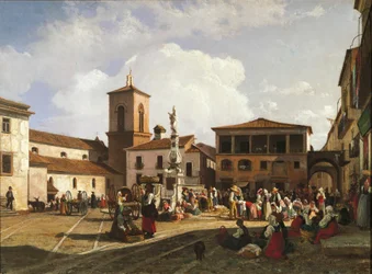 Benevento (region Campania), Orsini-torget med katedralens klocktorn och fontänen tillägnad påven Orsini (olja på duk)