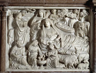 Predikstol med Bebådelsen och Födelsen, utförd av Nicola Pisano (1215/20-1278/84), predikstol i marmor, 1260, San Giovanni-dopkapellet i Pisa, Italien