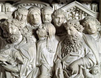Presentation av Jesus till templet (Presentation av Jesus till templet) Detalj Stol realiserad av Nicola Pisano (1215/20-1278/84) (Marmorpredikstol) 1260 Baptistere Saint John of Pisa (Battistero san Giovanni di Pisa), Italien