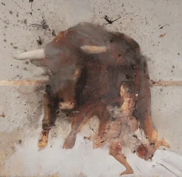 Tjur med tjurfäktare, 2019 (olja och förbränning på trä)