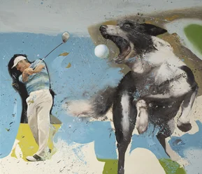 Golfspelare med hund, 2023 (olja på duk)