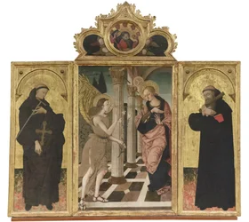 Bebådelsen mellan Johannes Gualbert och Benedictus, ca 1500-05 (triptyk på pannå)