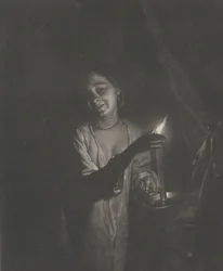 Ung kvinna som håller ett ljus i en sängkammare, 1690-1715., 1690-1715.