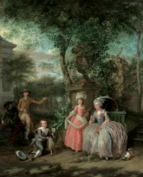 Ett gruppporträtt av en familj i en prydnadsträdgård, 1791