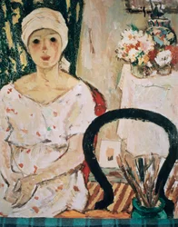 Kvinna i en interiör, av Nicolae Tonitza (1886-1940), olja på kartong. Rumänien, 1900-talet.