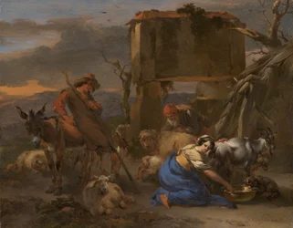 Pastoral scen med en herdinna som mjölkar en get