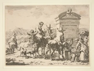 Untitled - Genrescen med människor på åsnor och en gravsten