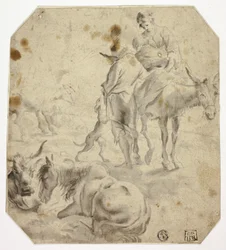 Kvinna och barn på åsna, man, hundar, hästar