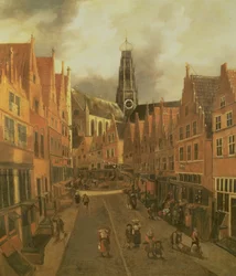 Utsikt över "Grote Houtstraat" (Great High Street) i Haarlem (olja på duk)
