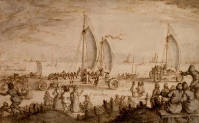 PD.851-1963 Prins Maurits från Nassaus landbåtar på stranden vid Scheveningen, c.1614-15 (bläck och tvätt)