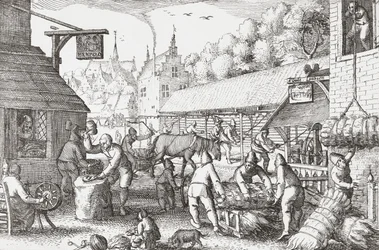 Holländska bybor från 1600-talet som tillverkar rep