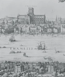 Panorama över London och Themsen, detalj från del två som visar St. Pauls Cathedral och Globe Theatre, c.1600 gravyrdetalj av 7214