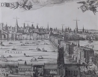 Panorama över London och Themsen, del tre som visar Southwark, London Bridge och kyrkorna i staden, ca 1600 (se även 7214, 64730 och 64732)