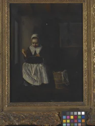 A Girl Sewing (olja på trä)
