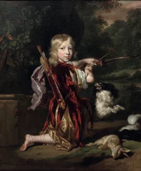 Nederländska: Portret van een onbekende jongen Porträtt av pojke, i helfigur, i klassicistisk dräkt, med en rosett