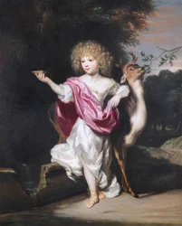 ""Porträtt av en flicka med en hjort"" (Porträtt av en flicka med en hjort) Målning av Nicolaes Maes (1634-1693), - Olja på duk Dim 58x49 cm Fondation Custodia