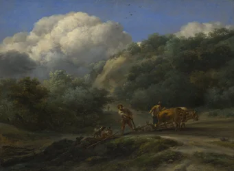 En man och en ungdom som plöjer med oxar, ca. 1650