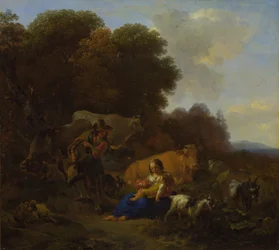 En bonde som spelar en Hurdy-Gurdy för en kvinna och ett barn, 1658