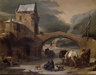 Ett vinterlandskap med bönder och hästar på en frusen kanal vid en befäst bro, ca 1660-70 (olja på panel)