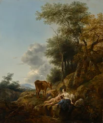 Landskap med en nymf och en satyr, ca 1647 (olja på pannå)