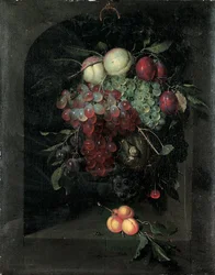 Swag av vindruvor, persikor, plommon och körsbär med en snigel i en stennisch med ett gäng aprikoser och bi på en avsats, 1666