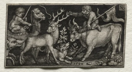 Apor som rider på en kamel och en tjur, 1594.