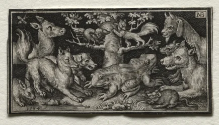 Tvåhövdad groda omgiven av djur, 1594.