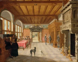 Interiör av en hall med figurer, 1621