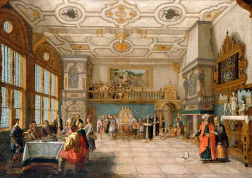 Lazarus vid dörren till en bankettsal med eleganta restauranger, 1622