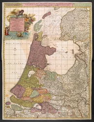 Karta över Holland, som visar bosättningar, kärr, skogar, kullar, vägar, floder och andra geografiska särdrag, ca 1710 (färgad gravyr)