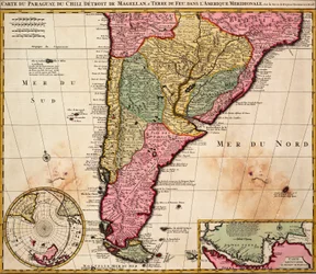 Karta över Paraguay, Chile, Magellans sund och Eldslandet i Sydamerika, ca 1720 (kolorerad gravyr)