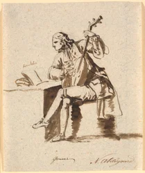 Den engelske poeten Gower satt med en luta vid ett bord som Herodotus ligger utspridda på