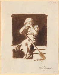 En liten gråtande pojke, som sitter med en spade eller en åra, på kanten av en båt (?)