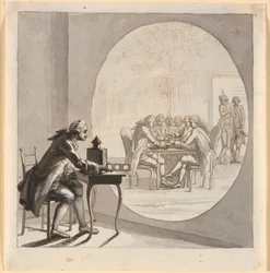 En man med en laterna magica visar en bild av Secret State Council