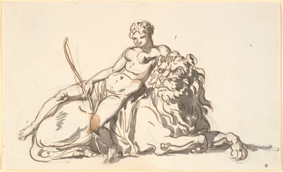 En svart afrikansk kvinna som vilar på ett lejon. Allegori över Afrika